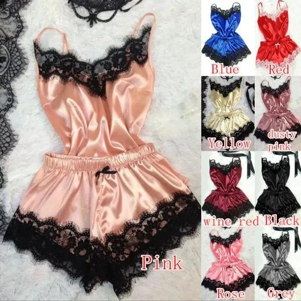 S-5XL New Fashion Women Silk Lace V-neck Pajamas Set Lingerie Sleeveless Nightwear Summer Clothes Spaghetti Strap Lingerie Bra Vest Briefs Plus Size Underwear Suit