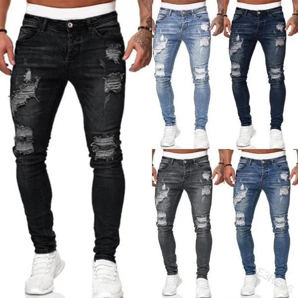 Men's Jeans Ripped Holes White Slim-fit Denim Trousers Vintage Pants Small Feet