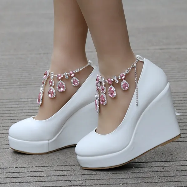 Crystal Queen Ankle Strap High Wedges Platform Pumps Large Size Bridal Shoes Women Crystal Rhinestone Platform Shoes Mary Jane
