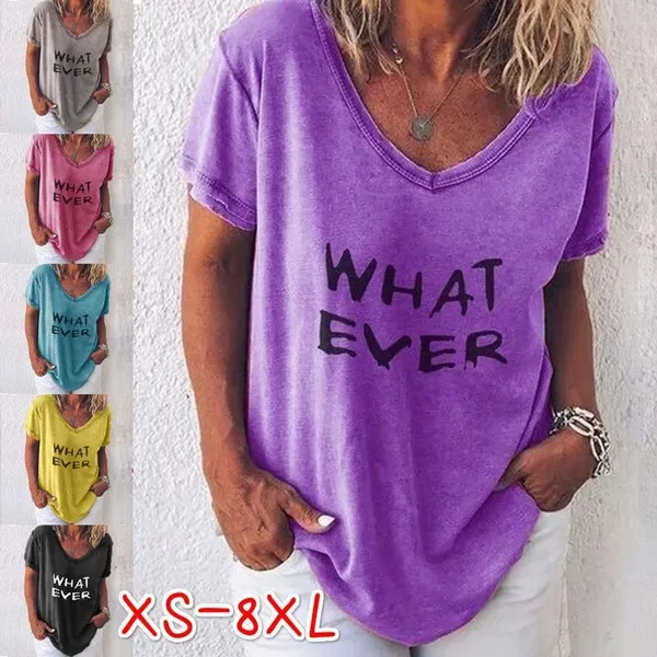 XS-8XL Plus Size Tops Fashion Clothes Summer T-shirts Women's Casual Short Sleeve Shirts Letter Printed V-neck Blouses Ladies Solid Color Loose Cotton T-shirts