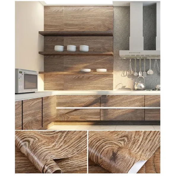 0.6*5M Waterproof Self-adhesive Wood Grain Wallpaper Film Kitchen Cabinet Bedroom Wardrobe Furniture Desktop Renovation Stickers Decor