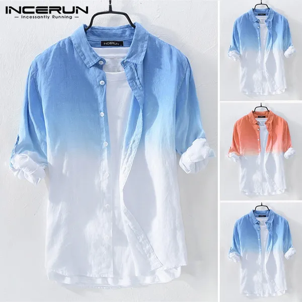 100%Cotton Men's Long Sleeve Fresh Gradient Shirt Autumn Casual Top