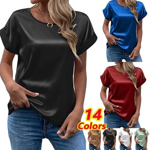 XS-3XL Summer Womens Fashion Comfy Clothes Solid Color O-neck Short Sleeve Silk Tops Casual Loose Satin T-shirts Office Women's Wear Basic Shirts Plus Size Blouse
