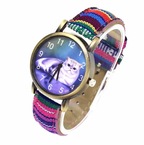 Cute Pet Cat Kitty Animal Women Casual Denim Canvas Decoration Jewelry Sport Wrist Watch