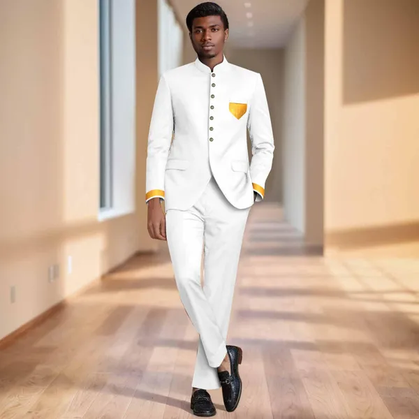 Men`s Business Suits Single Breasted Embroidery Pocket Blazer and Pants 2 Piece Set Formal Outfits for Party Wedding