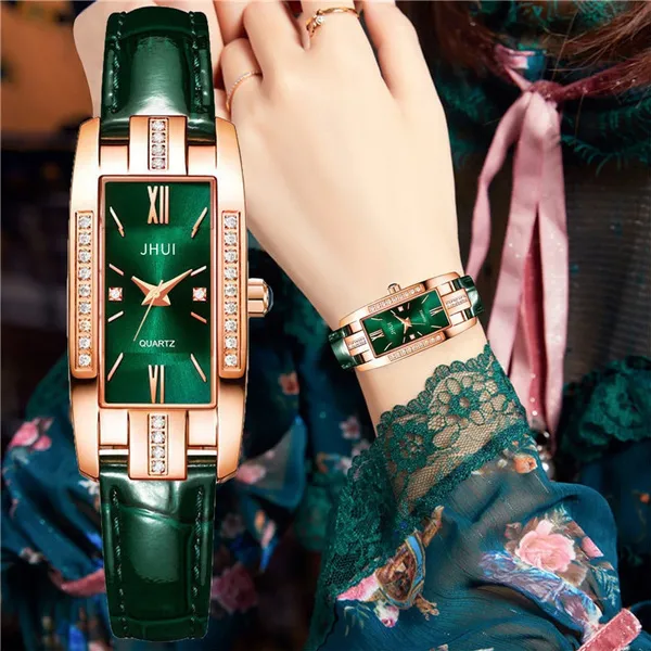 Womens Watches Green Roma Rectangle Dial Clock Luxury Rhinestone Ladies Leather Strap Casual Quartz Wristwatches