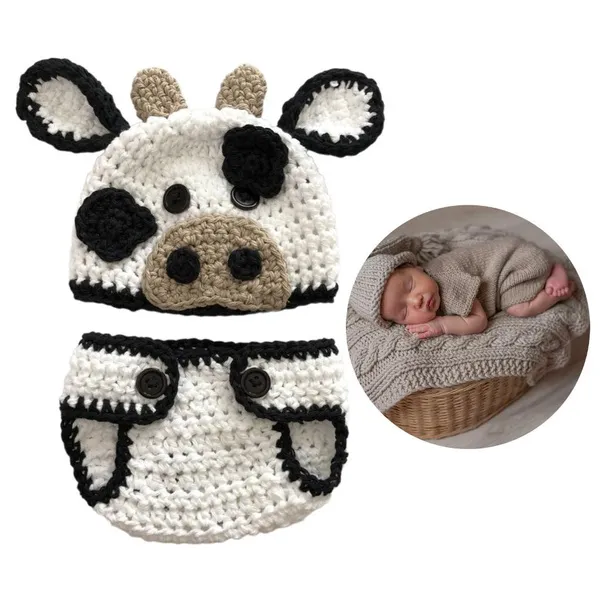 Baby Photography Costume Cow Hat Crochet Shorts Infant Photoshooting Outfit Photo Posing Props Suit Baby Photo Outfit