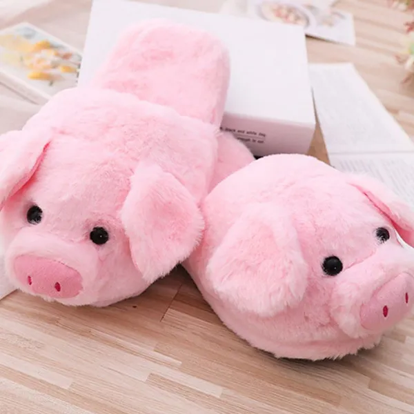 Women Winter Cute Pink Pig Animal Cartoon Plush Slippers Non-Slip Furry Shoes STA