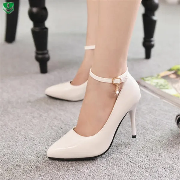 Women Shoes Of Spring And Summer Are Mixed With Single Diamond Buckle And Patent Leather Shoes With A Fine White Shallow Mouth Pointed Heels Lady