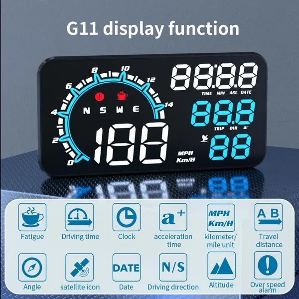 G11 GPS cho xe hơi HUD Màn hình hiển thị tốc độ Kính chắn gió Máy chiếu Điện tử tự động Nhắc nhở chuyển số Nhiệt độ nước KM/H MPH