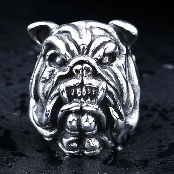 Men's Jewelry Personality Vintage Gothic Punk Stainless Steel 3D Animal Pets Bulldog SharPei Dog Biker Ring Steampunk Cool Rings - Silver & Black - By Mate Rings
