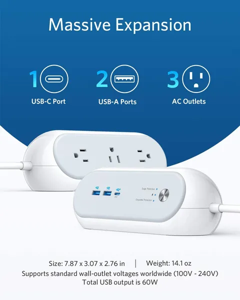 Anker USB C Power Strip Surge Protector for Home Office, PowerExtend USB-C 3 Capsule, 3 Outlets and 15W 2 USB Ports and 45W Power Delivery Port, 6 ft Power Cord, Flat Plug, Space-Saving Design