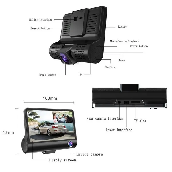 UNITOPSCI 4'' FullHD 1080P Car Camera Video Three-way Registrator 170 degree Wide Angle Dash Cam Video Recorder G-sensor Dashcam
