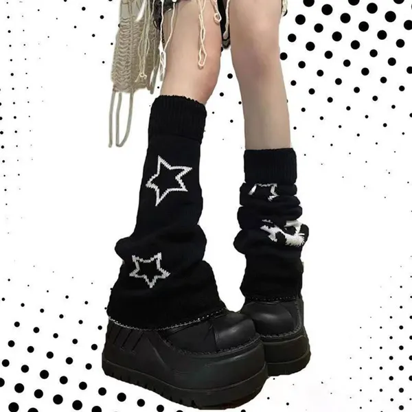 1 pair Harajuku Women Knitted Leg Warmer Gothic Punk Reversible Star Skull Skeleton Jacquard Knee High Flared Foot Cover Socks COC