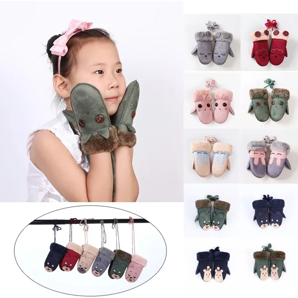 1 Pair Unisex Mittens Thickened Full Finger Winter Warm Kids Gloves Faux Suede Cartoon Animal