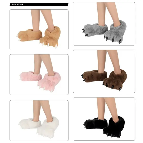 Furry Bear Paw Slippers,Plush Animal Feet Paw Slipper Non-Slip House Shoes for Christmas Halloween Women Men Adults